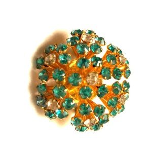 VINTAGE GOLD TONED BLUE/WHITE RHINESTONES BROOCH